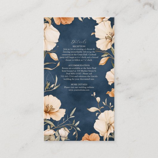 ネイビーブルーエレガントアイボリーフローラ結婚ズ エンクロージャーカード (正面)