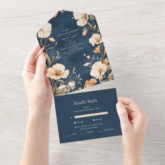 ネイビーブルーエレガントアイボリーフローラ結婚ズ オールインワン招待状 (貼ってはがせる)