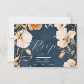 ネイビーブルーエレガントアイボリーフローラ結婚ズ 出欠カード (正面)