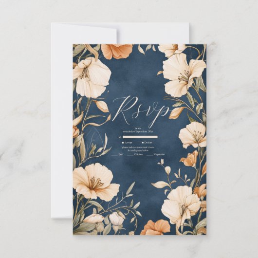 ネイビーブルーエレガントアイボリーフローラ結婚ズ 出欠カード (正面)