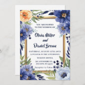 ネイビーブルーエレガントアイボリーフローラ結婚ズ 招待状 (正面/裏面)