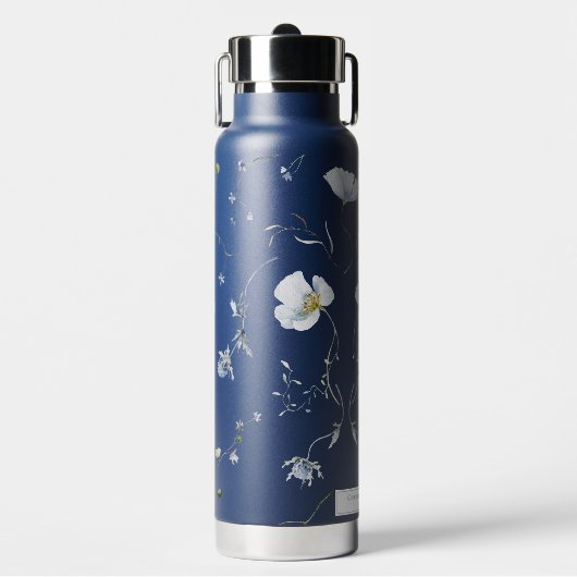 ネイビーブルーエレガントウィンターワイルドフラワー結婚ズ ウォーターボトル (正面)
