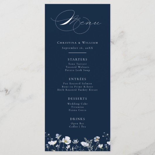 ネイビーブルーエレガントウィンターワイルドフラワー結婚ズ メニュー (正面)