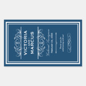 ネイビーブルーエレガントウェディングモノグラムワインボトル 長方形シール (正面)