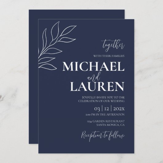 ネイビーブルーエレガントウェディング招待状 招待状 (正面/裏面)