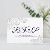 ネイビーブルーエレガントオンホワイトシルバー結婚レース 出欠カード (スタンド正面)