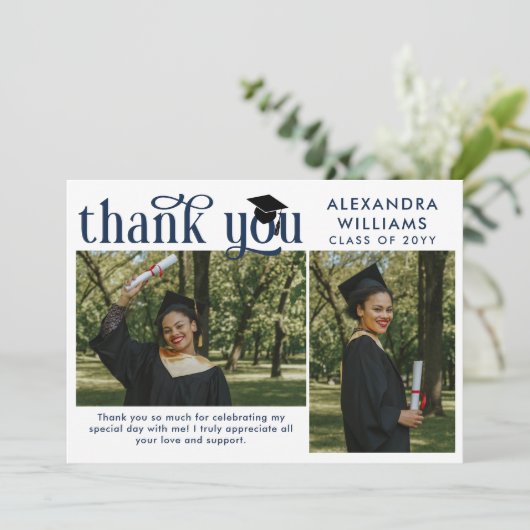 ネイビーブルーエレガントオーバーレイ写真科卒業 サンキューカード (スタンド正面)
