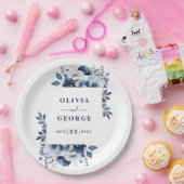 ネイビーブルーエレガントカントリー結婚フローラ ペーパープレート (パーティー)