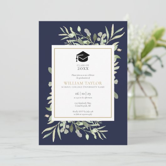 ネイビーブルーエレガントグリーン写真卒業パーティー 招待状 (スタンド正面)