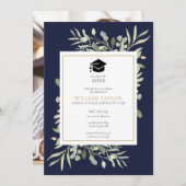 ネイビーブルーエレガントグリーン写真卒業パーティー 招待状 (正面/裏面)