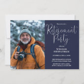 ネイビーブルーエレガントスクリプトフォト退職パーティー 招待状 (正面)