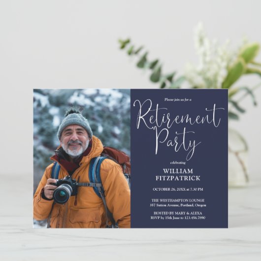 ネイビーブルーエレガントスクリプトフォト退職パーティー 招待状 (スタンド正面)