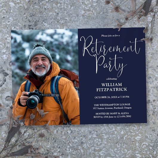 ネイビーブルーエレガントスクリプトフォト退職パーティー 招待状