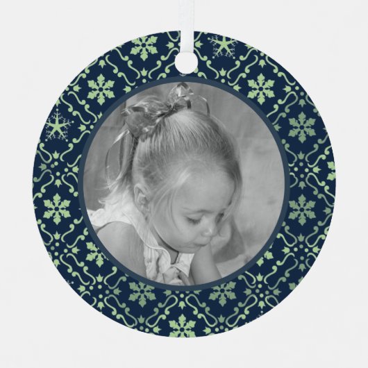 ネイビーブルーエレガントスノーフレーク写真クリスマスメタル メタルオーナメント (正面)