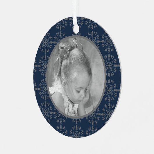 ネイビーブルーエレガントスノーフレーク写真クリスマス メタルオーナメント (正面左)
