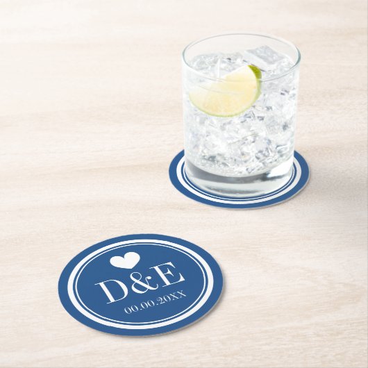 ネイビーブルーエレガントハート・モノグラ結婚ム・コースター ラウンドペーパーコースター (インサイチュ)