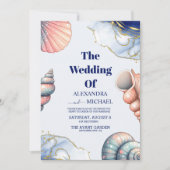 ネイビーブルーエレガントビーチシーセル結婚ズ 招待状 (正面)