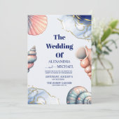 ネイビーブルーエレガントビーチシーセル結婚ズ 招待状 (スタンド正面)