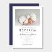 ネイビーブルーエレガントフォトボーイ洗礼 招待状