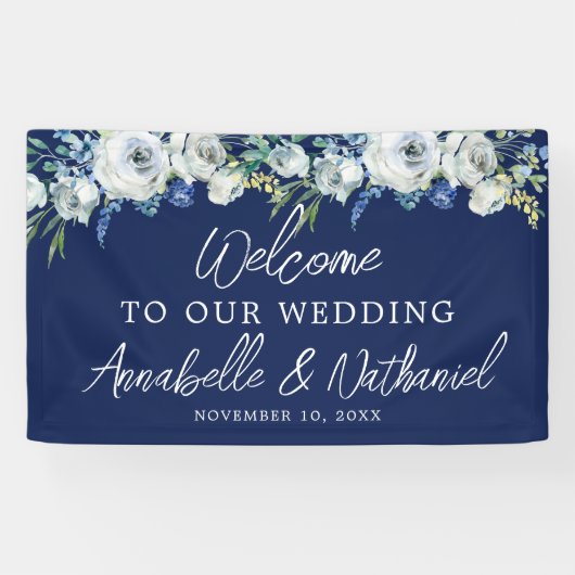 ネイビーブルーエレガントフローラへようこそ結婚 横断幕 (横)