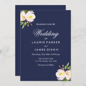 ネイビーブルーエレガントフローライエロー結婚式招待状 招待状 (正面/裏面)