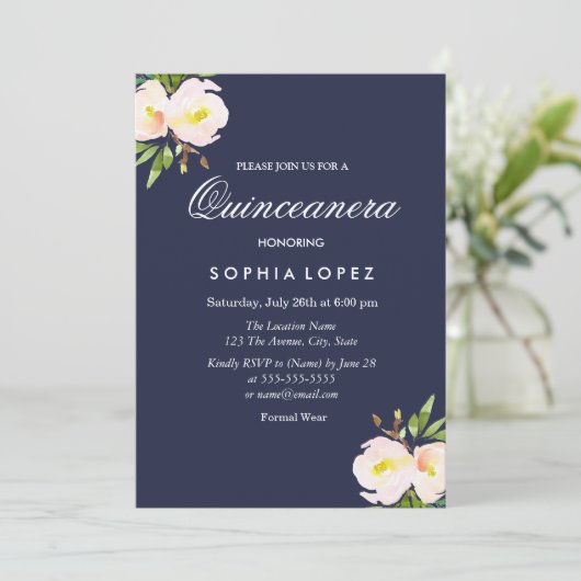 ネイビーブルーエレガントフローラキンセアニェラ招待状 招待状 (スタンド正面)