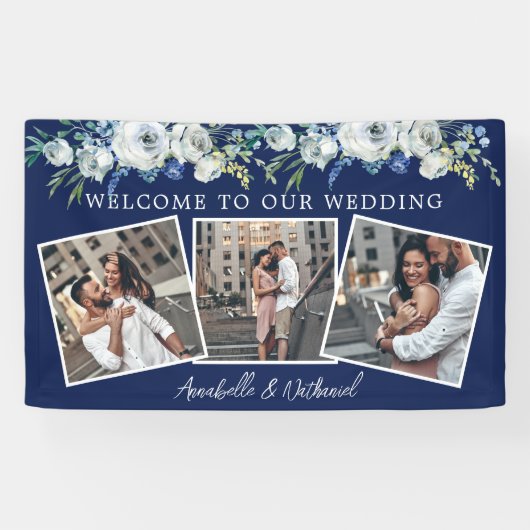 ネイビーブルーエレガントフローラフォトコラージュ結婚ズ 横断幕 (横)