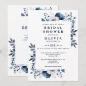 ネイビーブルーエレガントフローラブライダルシャワーQRコード 招待状 (正面/裏面)