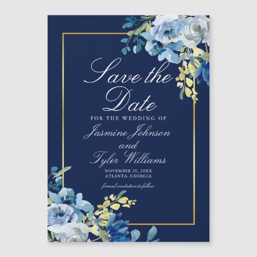 ネイビーブルーエレガントフローラ縁ど金ゴールド保存日 マグネット招待状 (正面)