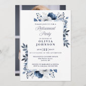 ネイビーブルーエレガントフローラ退職パーティー写真 招待状 (正面/裏面)