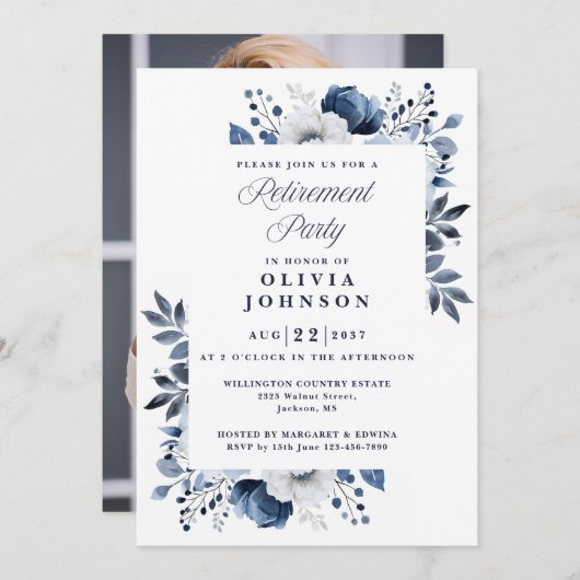 ネイビーブルーエレガントフローラ退職パーティー写真 招待状 (正面/裏面)