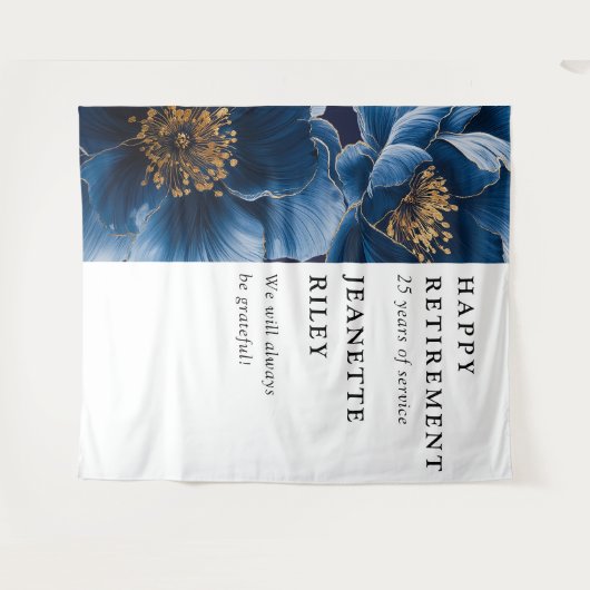 ネイビーブルーエレガントフローラ退職パーティー背景 タペストリー (正面(横))