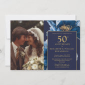 ネイビーブルーエレガントフローラ50周年記念写真 招待状 (正面)