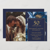 ネイビーブルーエレガントフローラ50周年記念写真 招待状 (正面/裏面)