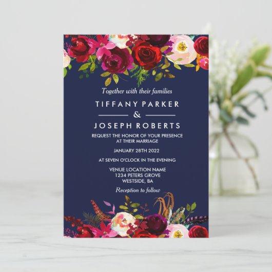 ネイビーブルーエレガントブルゴーニュフローラ結婚式の招待 招待状 (スタンド正面)