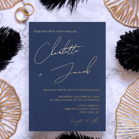 ネイビーブルーエレガントミニマル結婚ラリスト 箔招待状