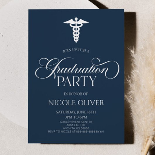 ネイビーブルーエレガントメディカルカドゥセウス卒業 招待状