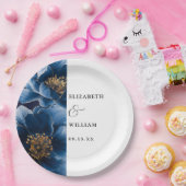 ネイビーブルーエレガントモダンフローラ結婚ズ ペーパープレート (パーティー)