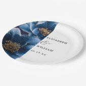ネイビーブルーエレガントモダンフローラ結婚ズ ペーパープレート (アングル)