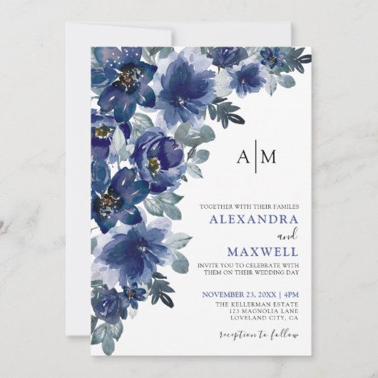 ネイビーブルーエレガントモダンフローラ結婚ズ 招待状 (正面)
