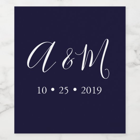 ネイビーブルーエレガントモノグラム結婚のワインラベル ワインラベル (シングルラベル)