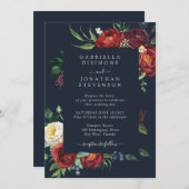 ネイビーブルーエレガントラストフローラウォーター結婚カラー 招待状 (正面/裏面)