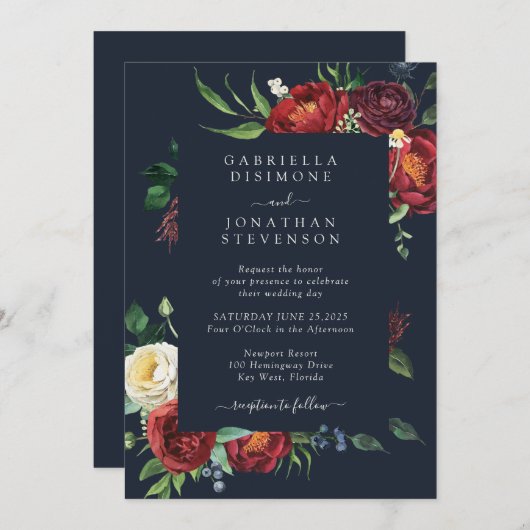 ネイビーブルーエレガントラストフローラウォーター結婚カラー 招待状 (正面/裏面)