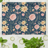 ネイビーブルーエレガントヴィンテージ野草模様 キッチンタオル (折り畳み)