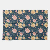 ネイビーブルーエレガントヴィンテージ野草模様 キッチンタオル (横)