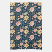ネイビーブルーエレガントヴィンテージ野草模様 キッチンタオル (縦)