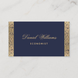 ネイビーブルーエレガントヴィンテージ金ゴールドバラと書道 名刺