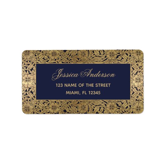 ネイビーブルーエレガントヴィンテージ金ゴールドバラスクリプト ラベル (正面)