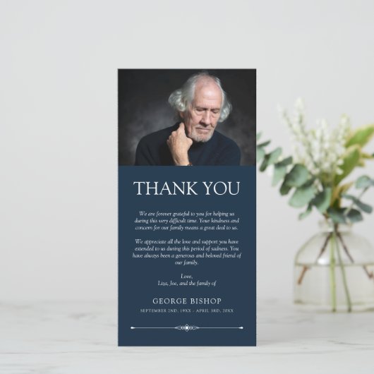 ネイビーブルーエレガント悔やみや弔慰写真ありがとう サンキューカード (スタンド正面)