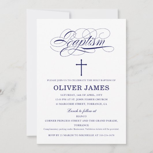 ネイビーブルーエレガント書洗礼 招待状 (正面)